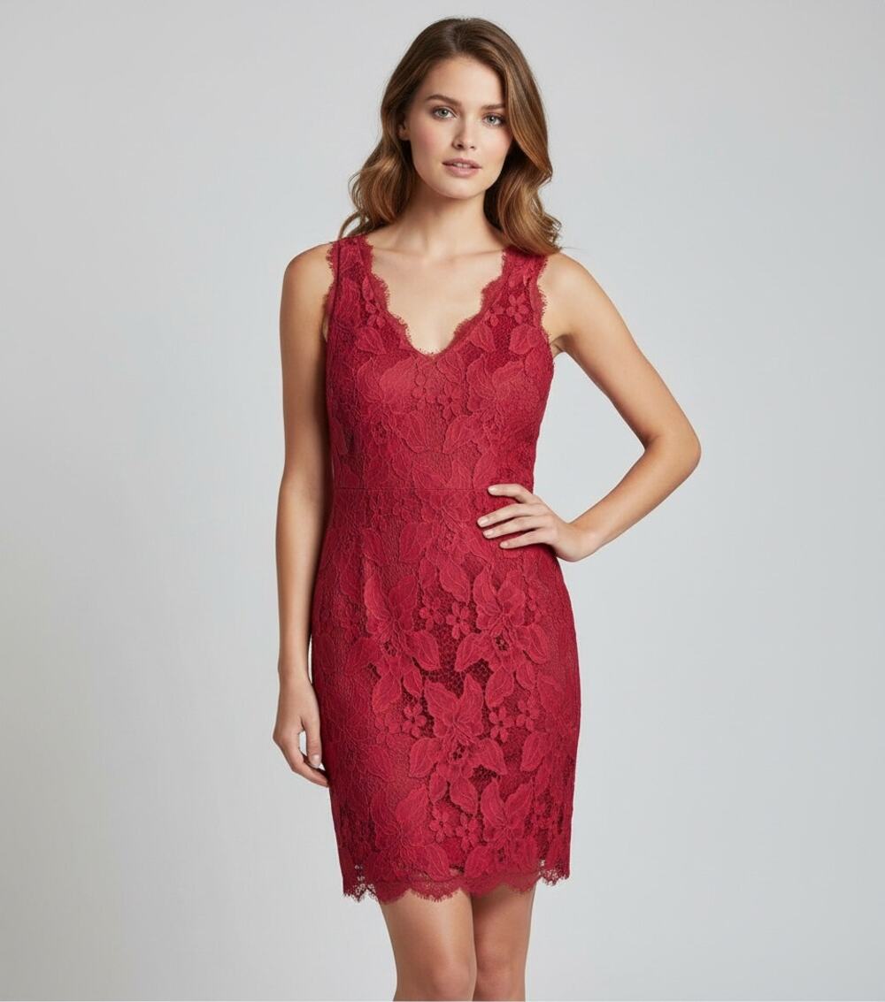 ADRIANNA PAPELL Red Lace Double V Sheath Dress Shorter Cocktail Party Sz 6